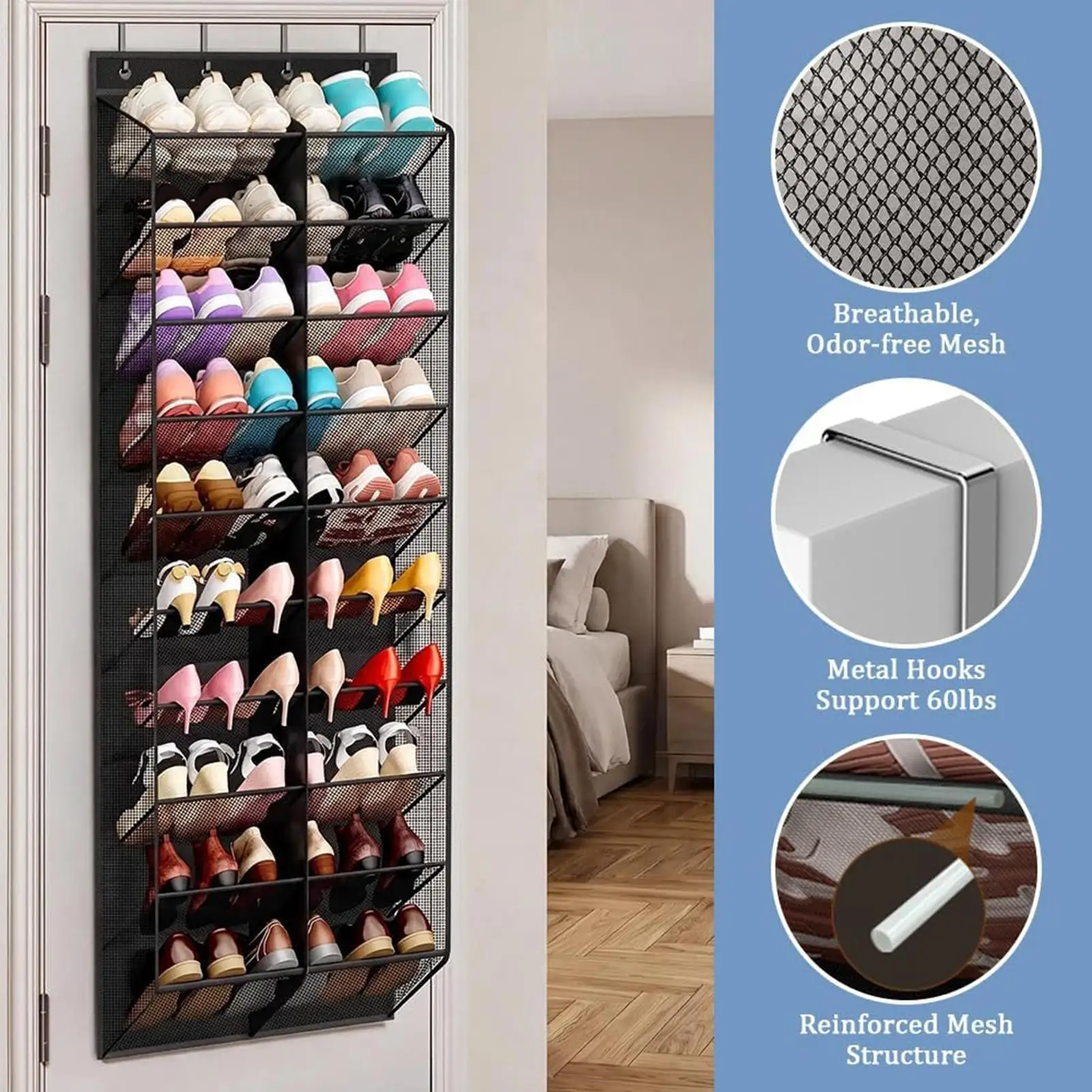 Hanging Shoe Rack Organizer Over The Door Shoe Organizer 20 Large Breathable Mesh Pockets Slippers Organizer Shoe Storage