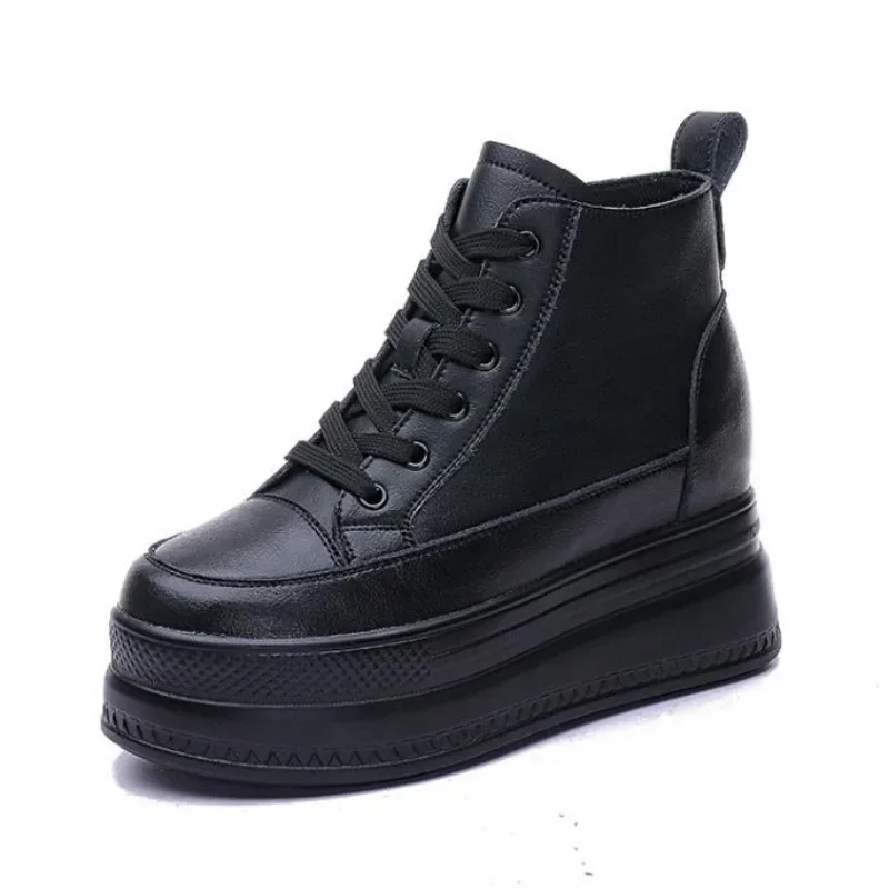 Women's Ankle Boots Winter Autumn Leather Chunky Shoe Woman Platform Height Increased Sneakers 9CM Thick Sole Wedges Black Boots