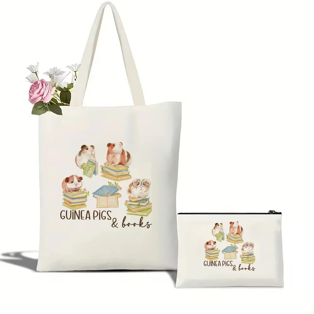 

Сумка-тоут с принтом морских свинок и книг, набор сумки на плечо, косметичка, парусиновая женская сумка большой вместимости, дорожная сумка