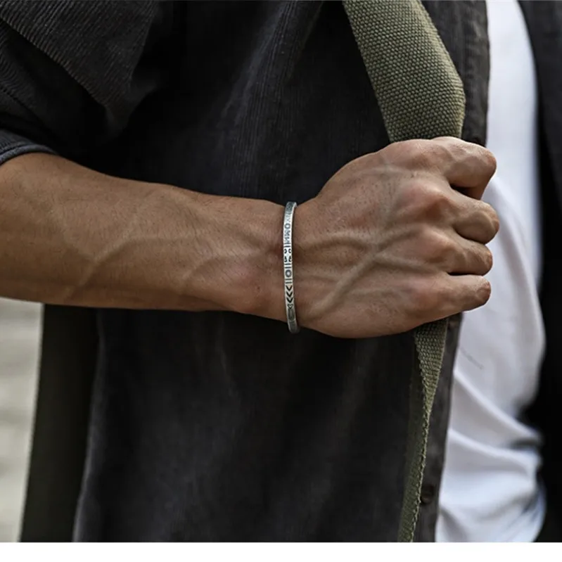 Simplicity Vintage S925 Sterling Silver Bohemian Style Totem Open Bracelet Men Women Party Biker Jewelry