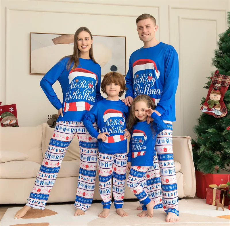 Christmas Pajamas Matching Family Sets Xmas Parent-Child Blue Suits Children Father Mother Letter Print Hats Top+Pants Outfits