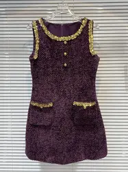 HIGH STREET più nuovo 2024 Designer elegante moda donna senza maniche oro paillettes perline Tweed velluto Mini abito