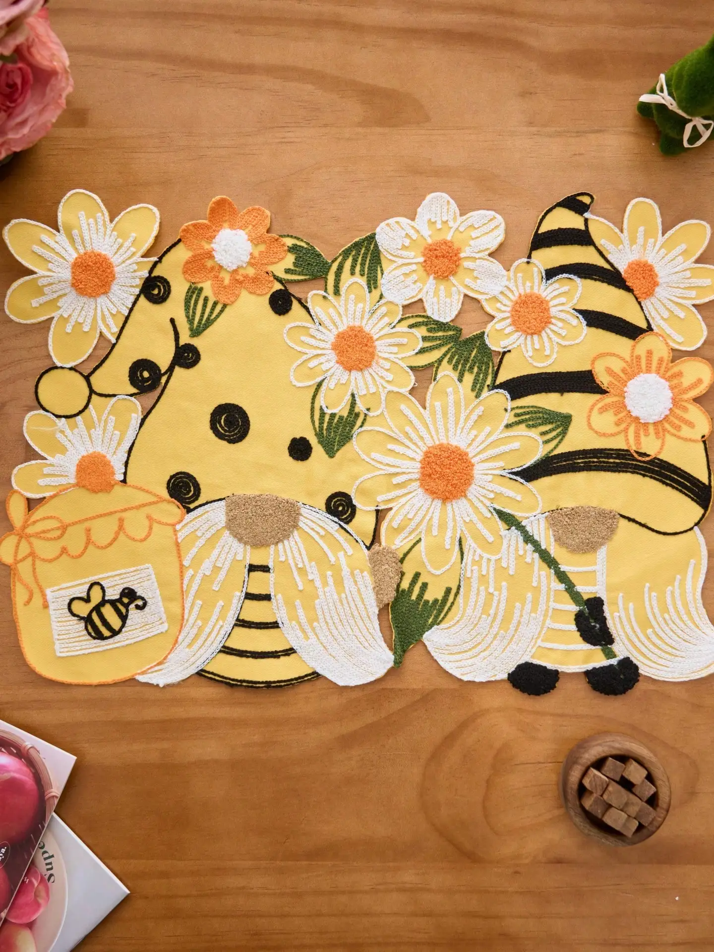 1/2/4/6pcs Yellow Floral Embroidered Rectangular Placemats, Plush Flower Decor Dining Table Mats, Non-Slip Coasters For Kitchen