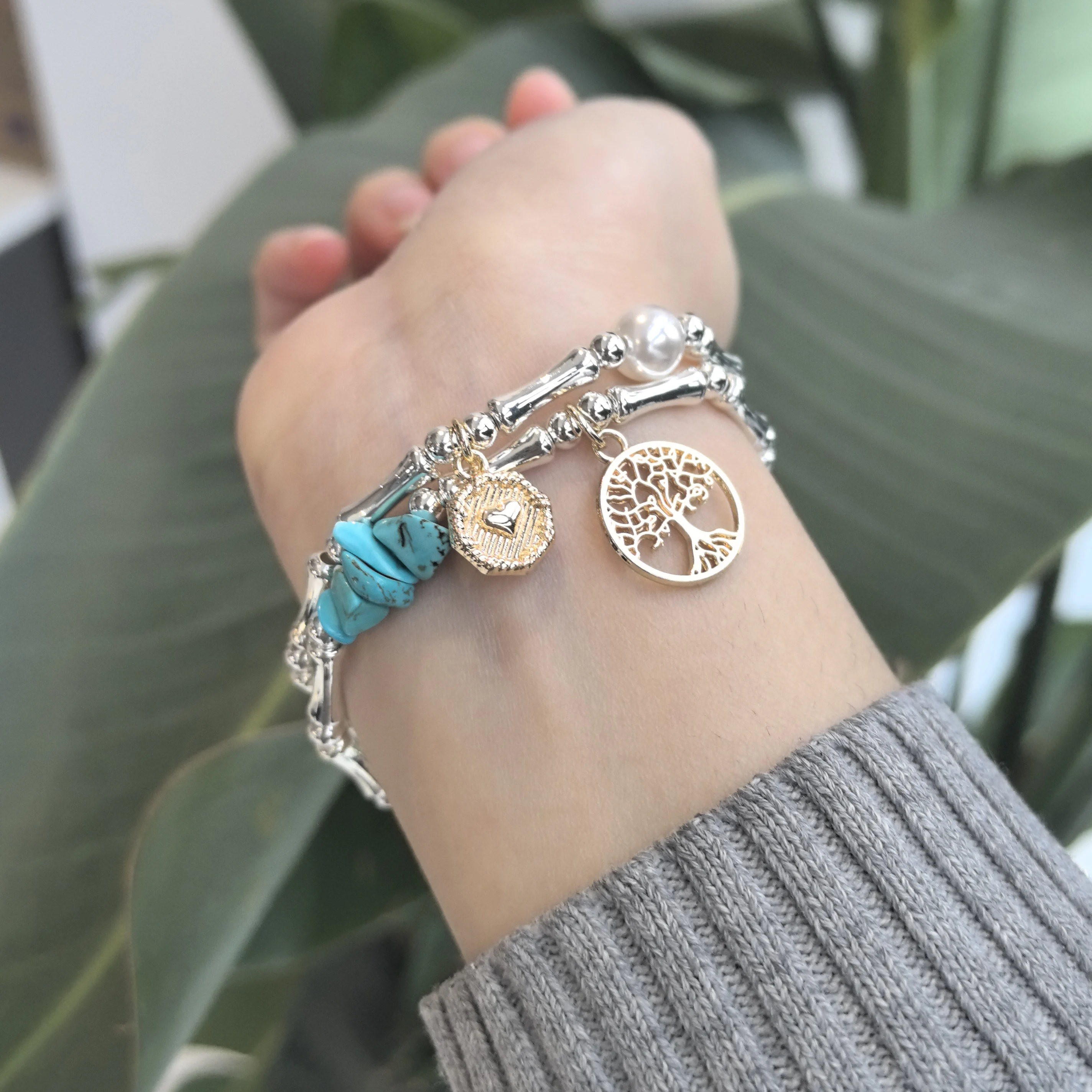 

925 Sterling Silver Bracelet Turquoise Vintage Life Tree Heart Gold Color For Woman Girl Fashion Jewelry Gift Dropship Wholesale