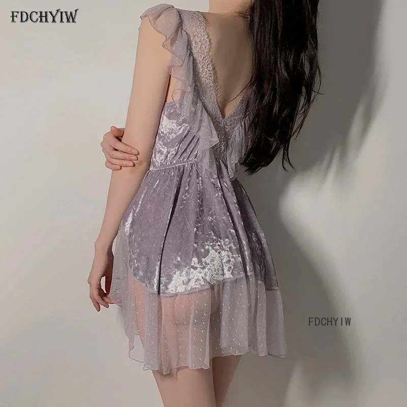 Lace Nightgown Women Sexy Lingerie Nightwear Suspender Nightdress Bow Pajamas V-neck Sleepwear Nighty Ladies Purple White Red