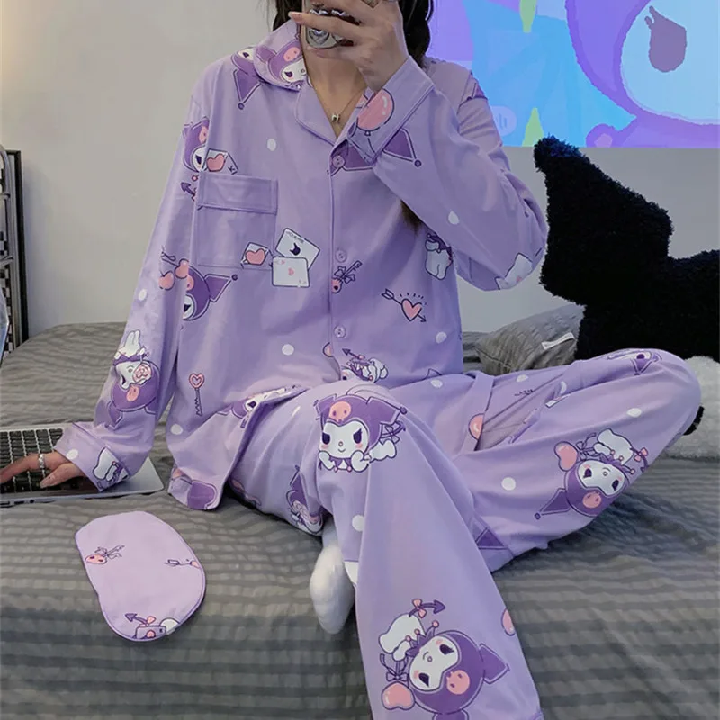 New Sanrio Kuromi Cute Pajama Women Spring Korean Fashion Cartoon Cute Long Sleeve Pijama Set Kawaii Sleepwear Home Clothes Y2k