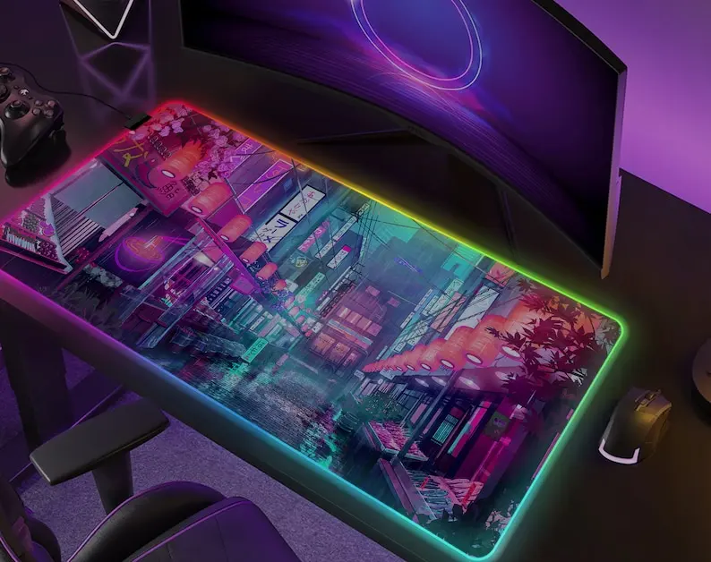 

Настольный коврик RGB, игровой коврик для мыши, светодиодный неоновый коврик Tokyo Vaporwave Synthwave, настольный коврик для геймеров XXL, большой удлиненный японский коврик для мыши, игровой ПК