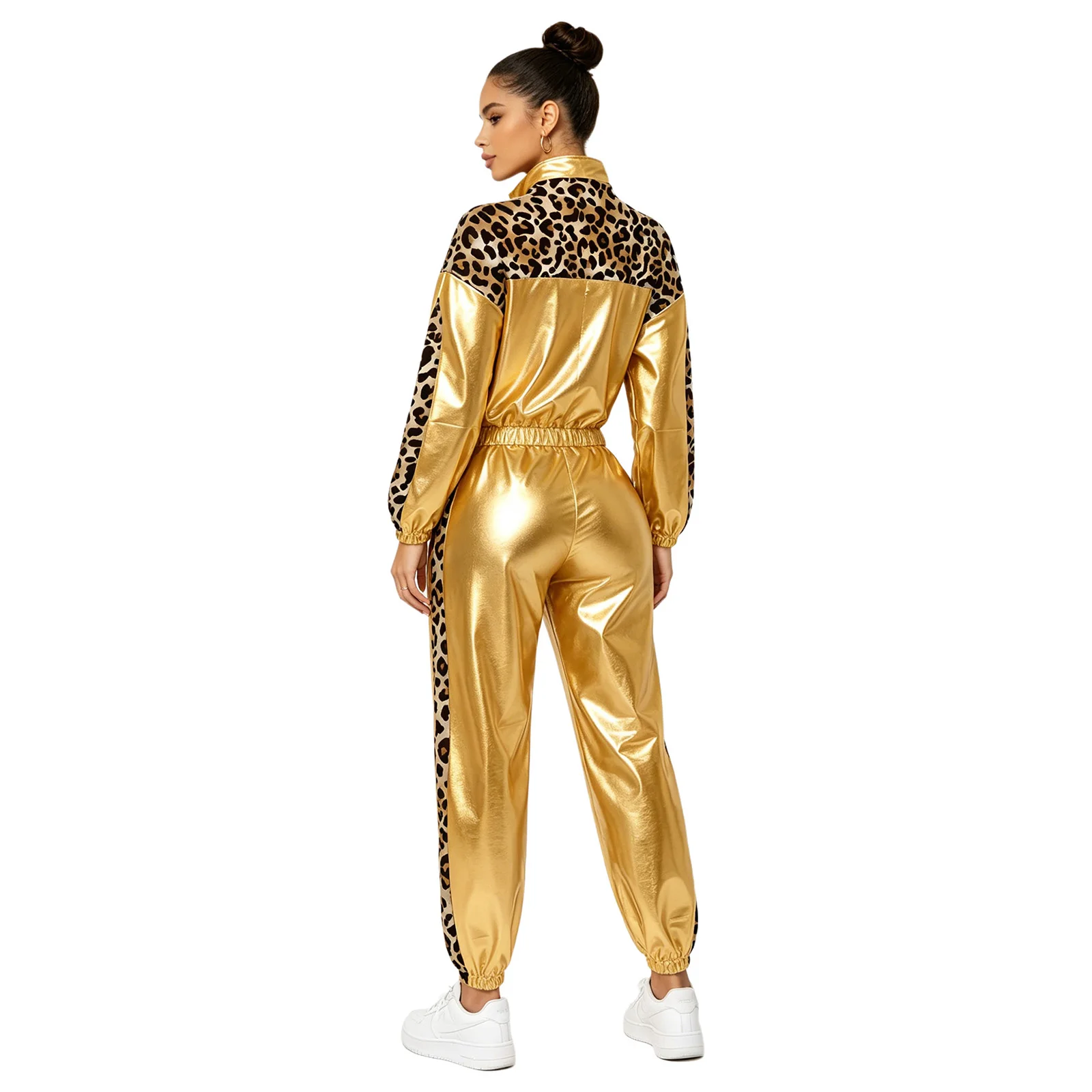 Damen Metallic Glänzendes Disco Hip-Hop Kostüm 80er Jahre Jazz-Tanz-Outfit Langarm-Jacke mit Frontreißverschluss und Jogginghose – Detail 14