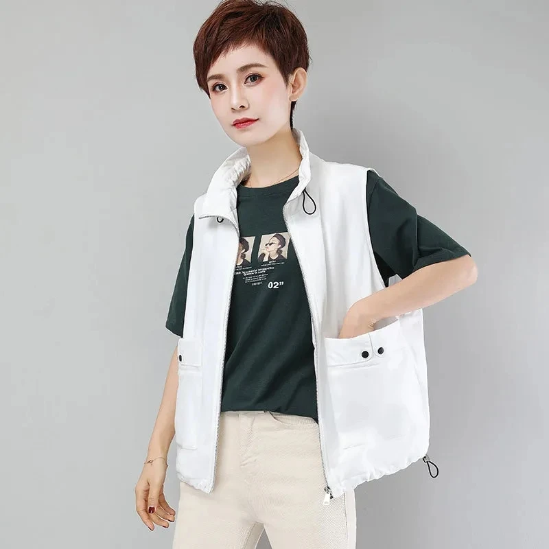 

Vest Women Jacket 2022 Spring Autumn Korean Loose Pocket Black Waistcoat Casual Sleeveless Turndown Collar Zipper Gilet Femme