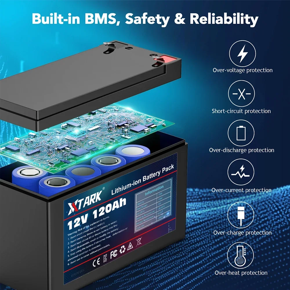 12V 120Ah Rechargeable Battery With BMS for solar energy, Fish Finder, Scooter, Light, Kids Car, with Charger lithium battery