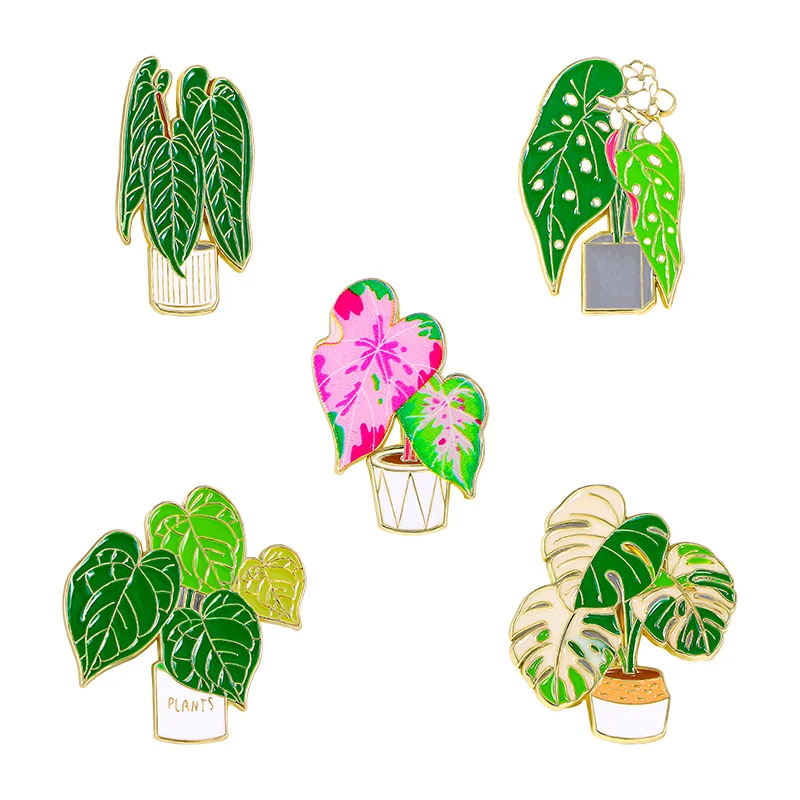 5Pcs/Set Pretty Large Leaf Potted Plant Enamel Pins Golden Metal Brooches For Flower Garden Women Gift