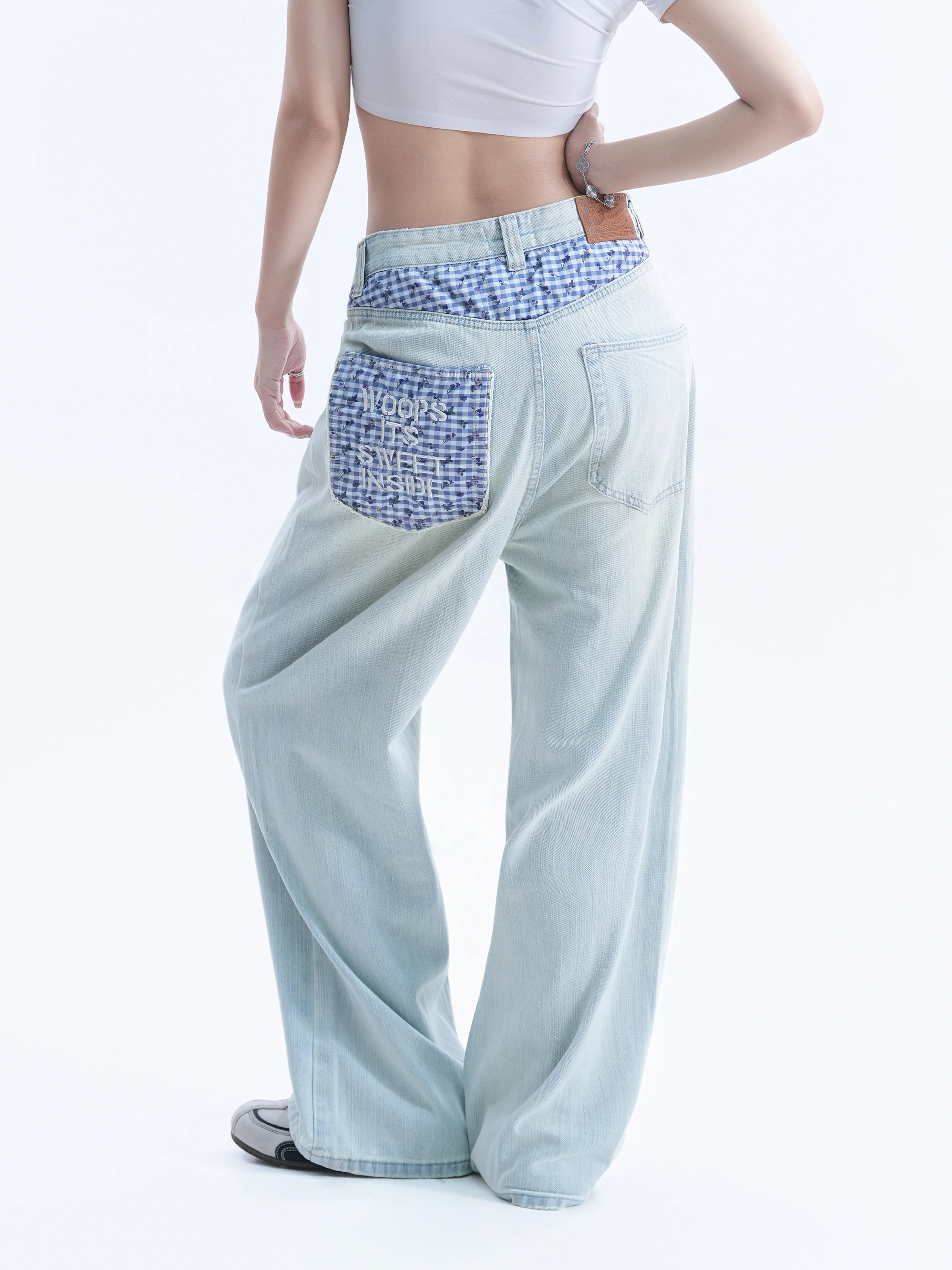 American Letter Embroidery Wide Leg Jeans Patchwork Loose Slimming Countryside Style Floor-Length Pants Casual Style