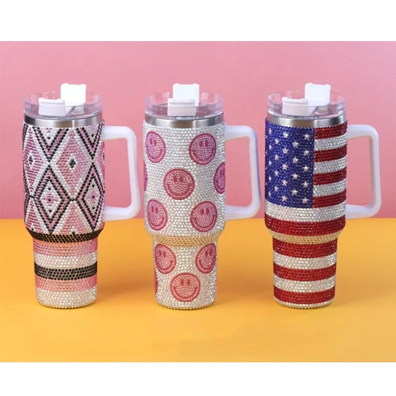 Vaso decorado checo, vaso de cristal personalizado con fijación en caliente y diamantes de imitación, termo de acero inoxidable de calidad alimentaria, taza de café al vacío con purpurina