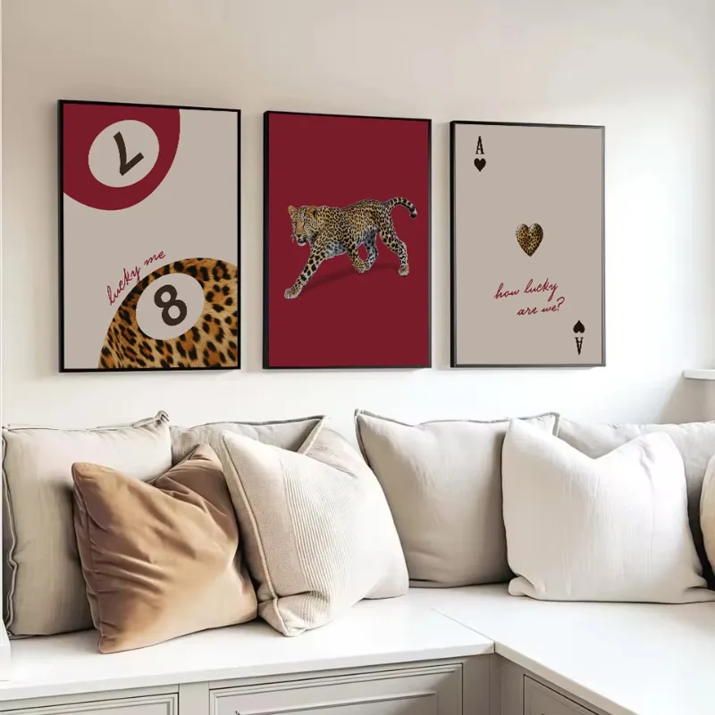 Vintage Trendy Ace Poker Card Lucky Eight Leopard Blush Pink Green Aesthetic Canvas Poster Wall Art Pictures Home Decor