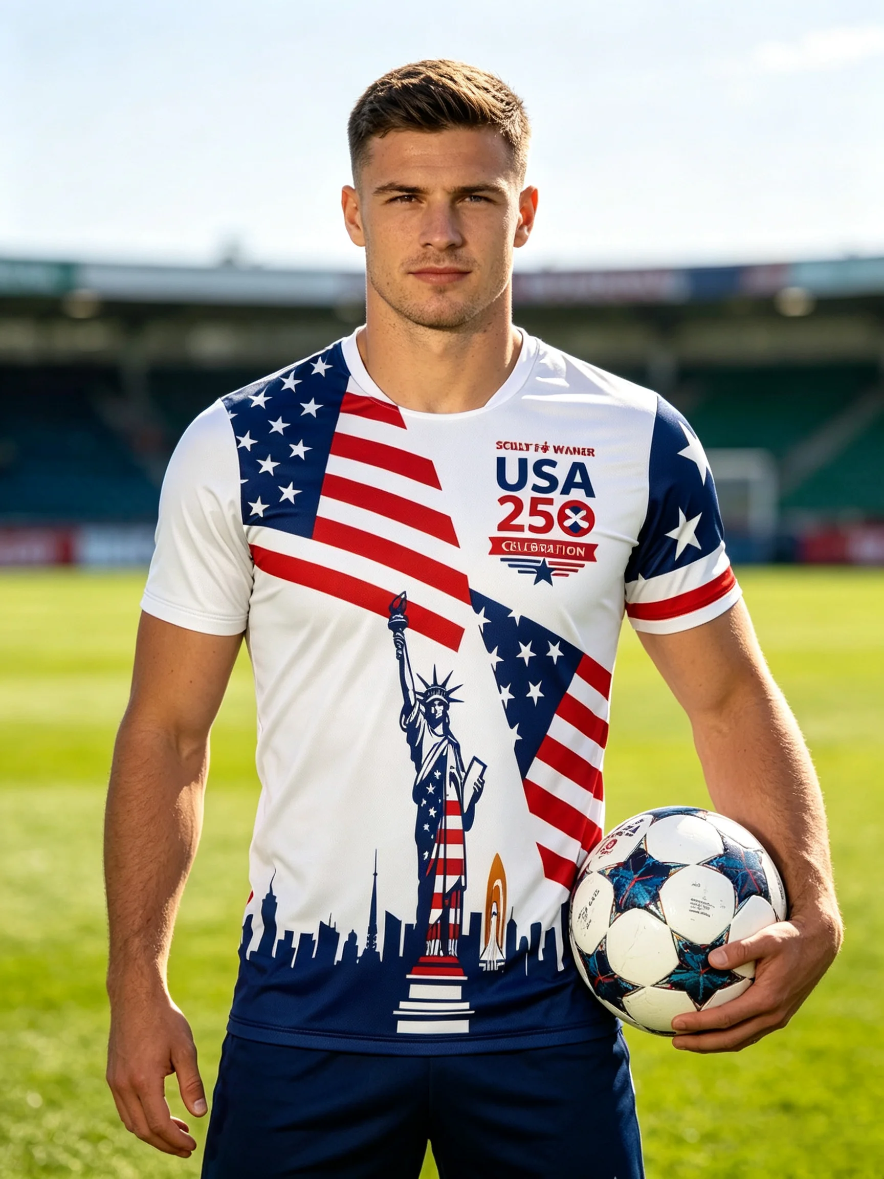 USA‑themed soccer jersey printed with Statue‑of‑Liberty skyline, diagonal flag pattern and USA 250 anniversary logo