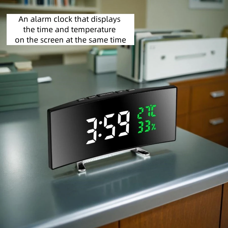 Curved Screen Digital Alarm Clock Temperature Date 2 Levels Brightness Adjustment Snooze Table Clock 12/24H Night Mode LED Clock