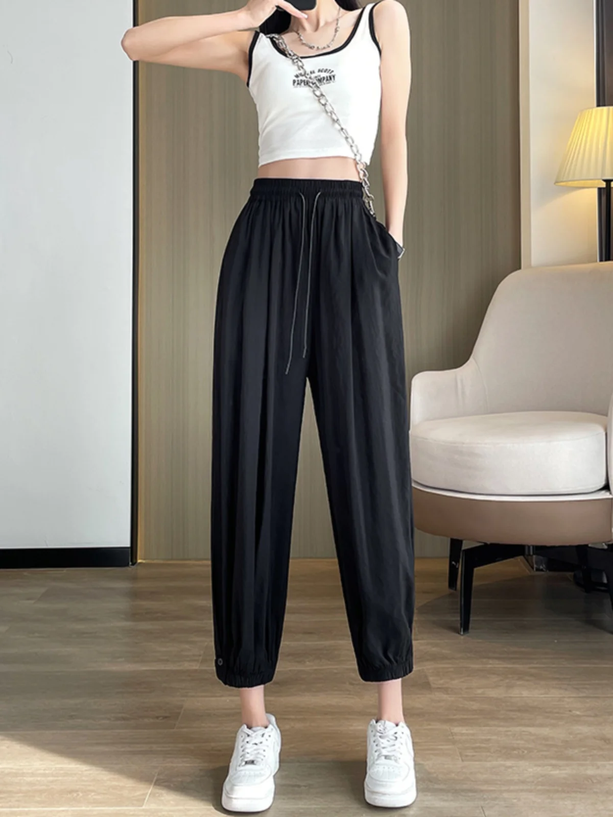Acetate Sport Pants Women's Ice Silk Spring Summer Thin High Waist Loose Slimming Harlan Casual Nine Point Cuffed Lantern Pants