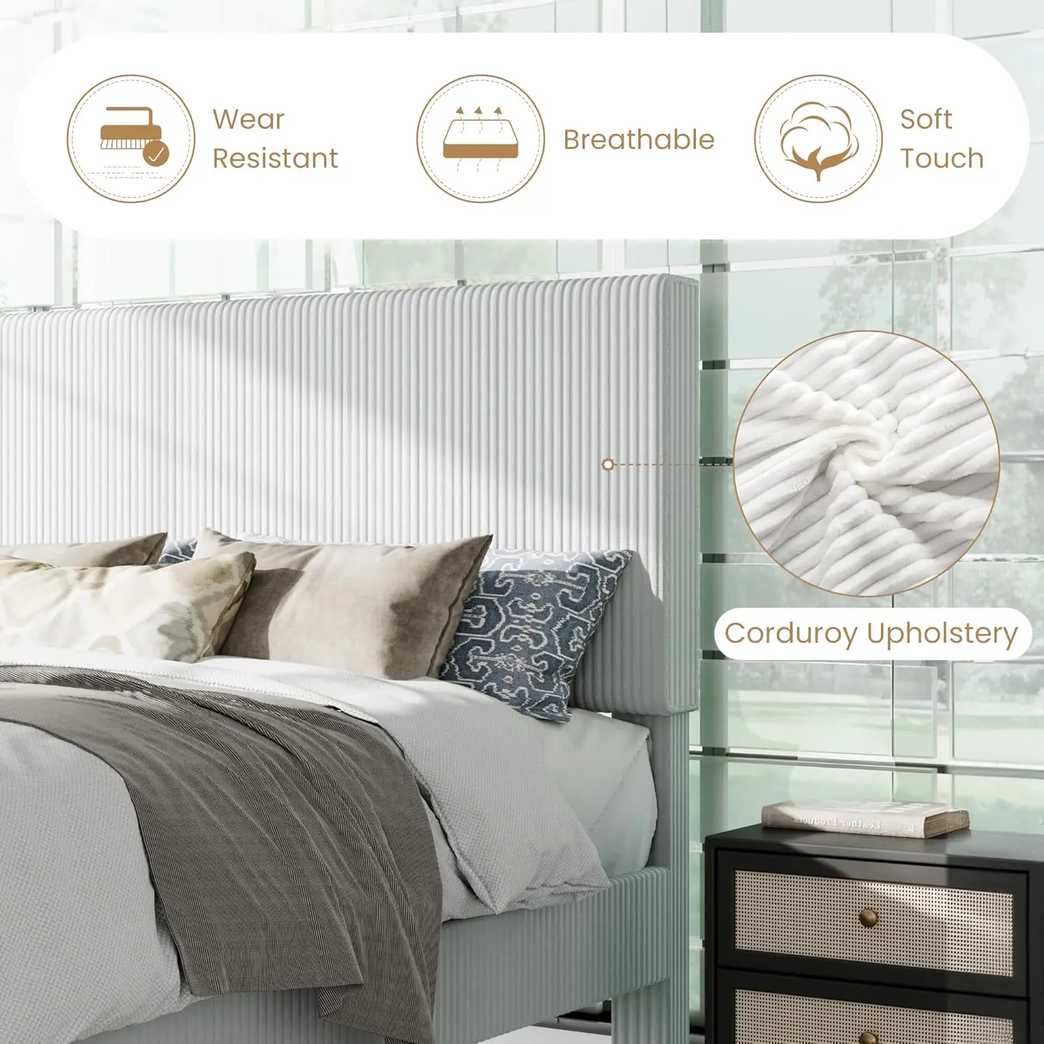 Velvet King Platform Bed Frame Vertical Tufted Headboard Corduroy Wooden Slats No Box Spring Easy Assembly White, Customized view 6
