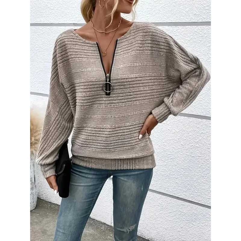 Autumn Batwing Sleeve Zipper Front Knit Tops for Woman Clothes Loose Fit Textured Sweater with Multiple Colors