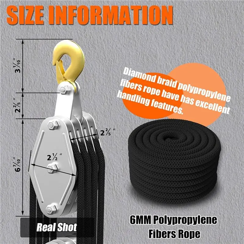 ABFU-2X Rope Hoist Pulley System, 4400LB Pulley Block And Tackle, 8:1 Ratio Lifting Power 65Ft, Heavy Duty Pulley Block
