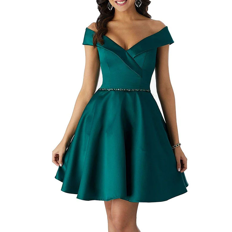 

A Line Satin Ruched Beading Knee Length Boat Neck Bridesmaid Dresses Wedding Party Prom Birthday Evening Cocktail Lace Up Back