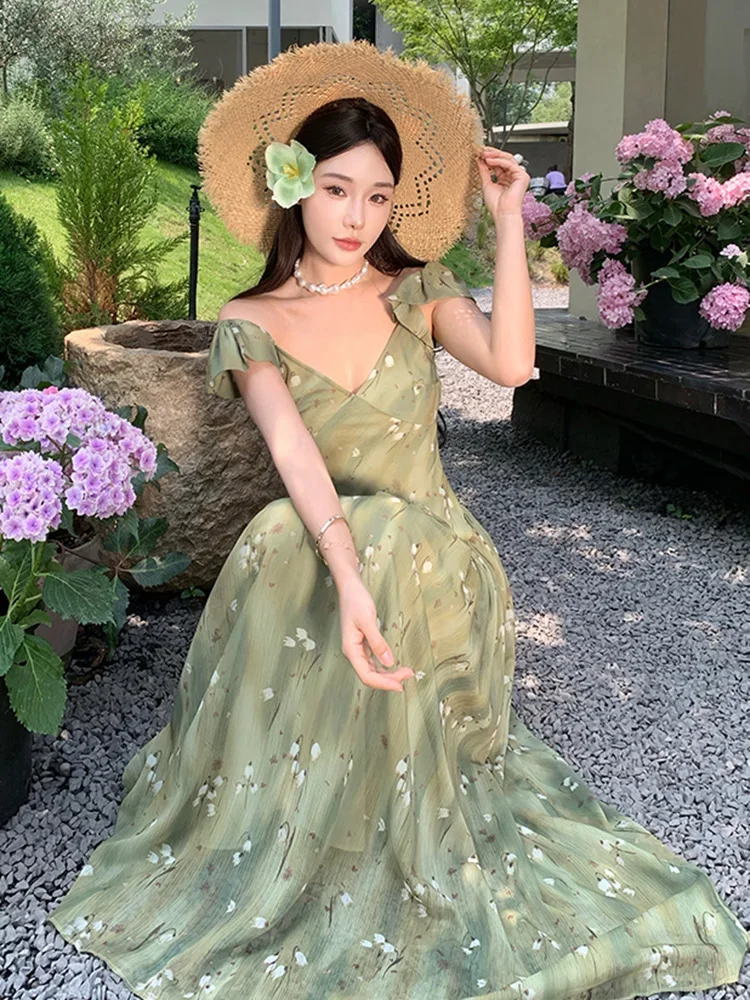 

Floral Flying Sleeve Chiffon Dress Women French Summer Beach V Neck Sexy Long Dress Casual Fashion Vacation Elegant Simple Dress