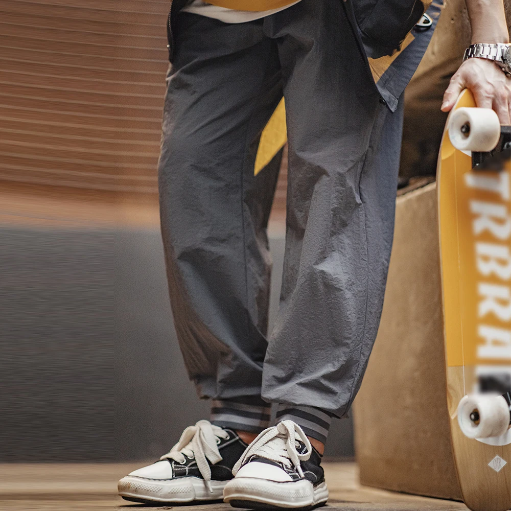 Maden Casual Striped Jogger Pants with Elastic Waistband Drawstring Design Solid Color Thin Trousers for Men\'s Autumn