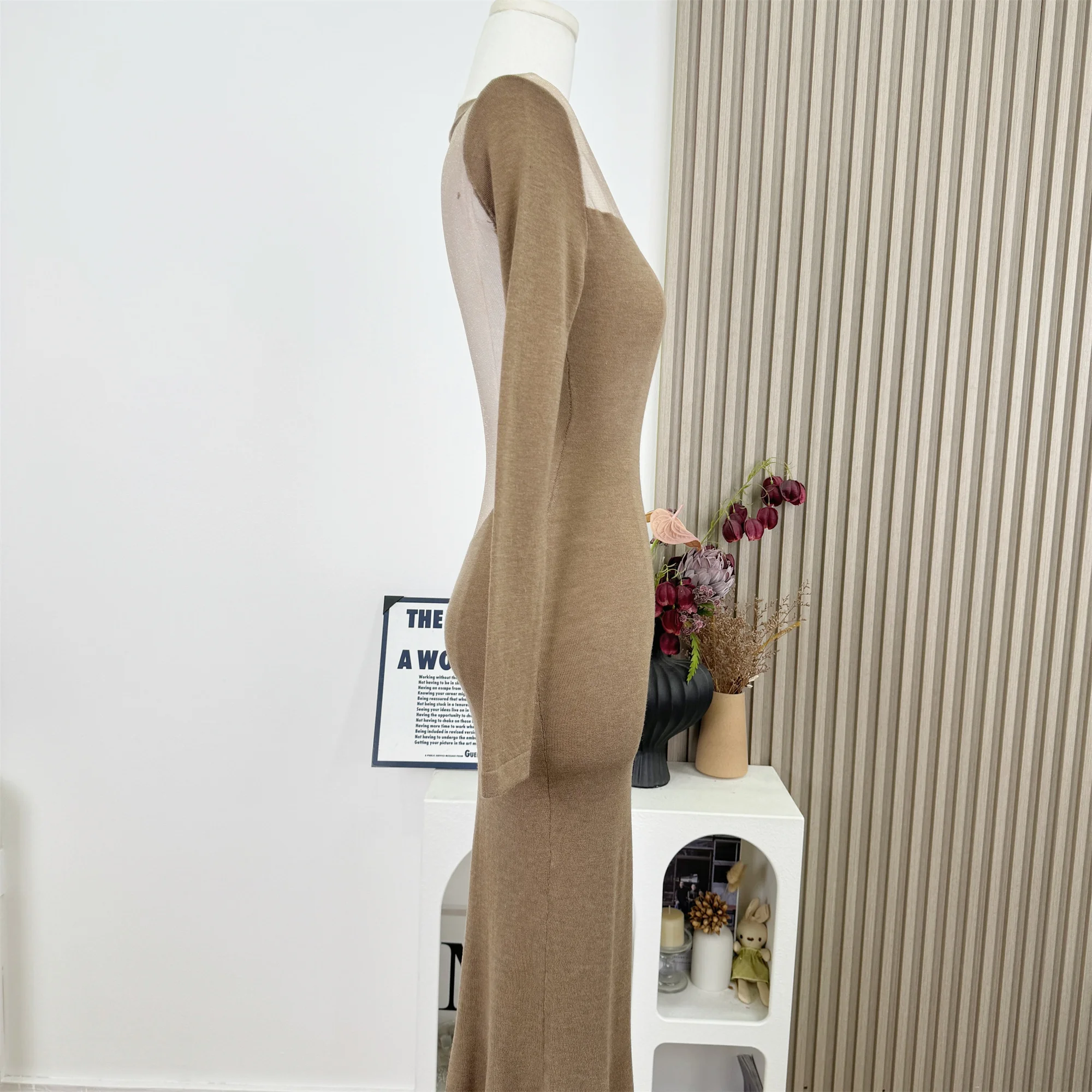 أنيقة مثير شبكة محبوكة فستان طويل المرأة الخريف الشتاء ساحة طوق لصق سليم صالح الذيل تخفيف عارية الذراعين فستان الحفلات F511 #3