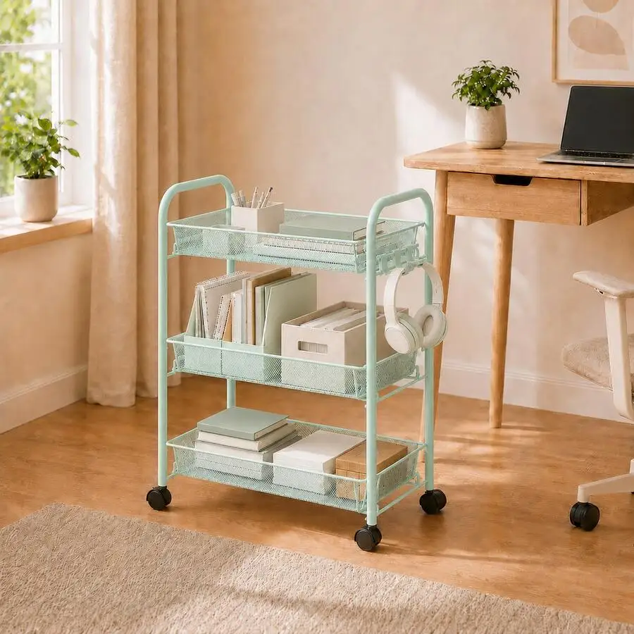 3-Tier Metal Rolling Cart, Mesh Wire Easy Assemble Utility Cart, Storage Trolley On Wheels With 3 Hooks, MetalStorage Shel