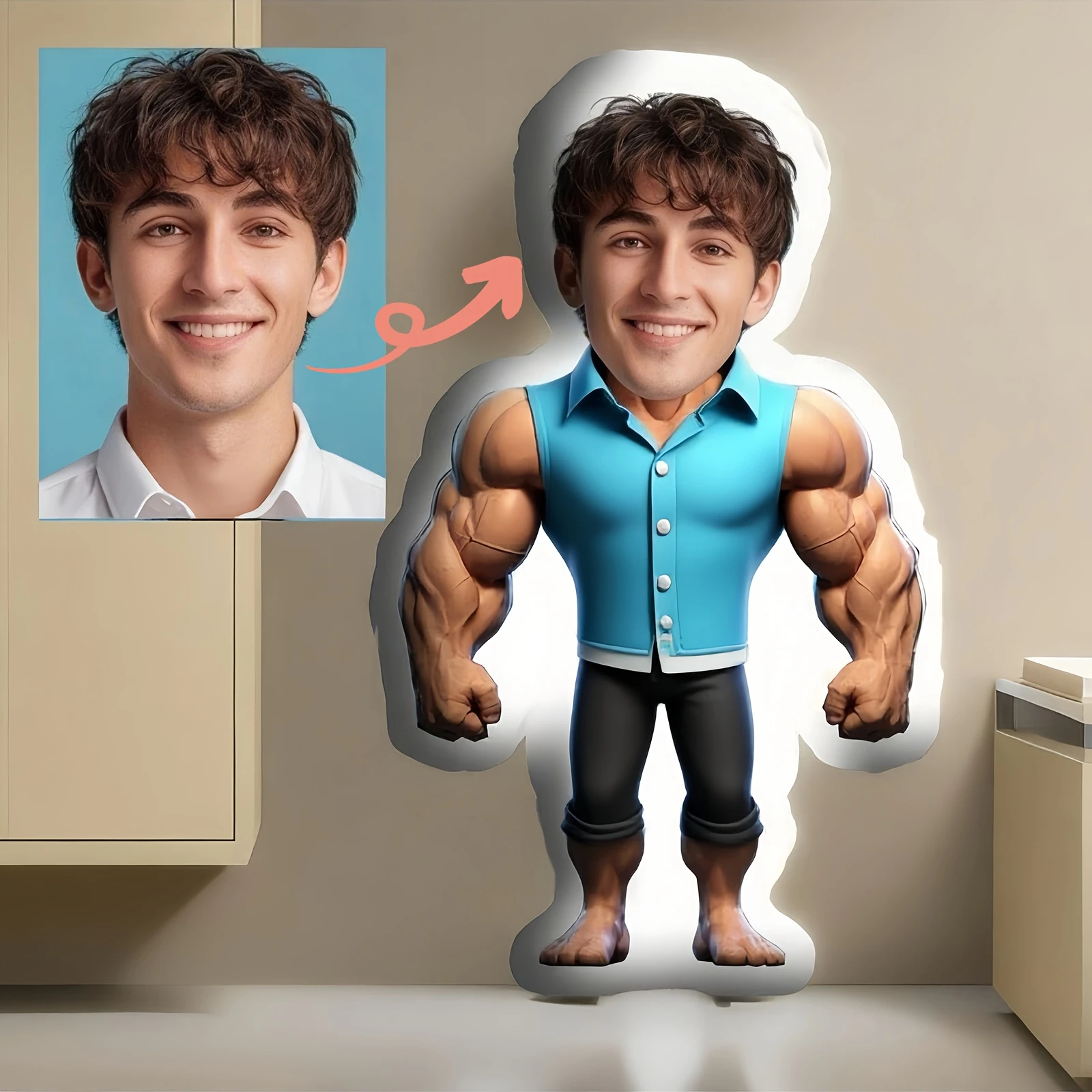 Custom Photo Face Plush Cushion, Muscular Man Figure Pillow in Sleeveless Blue Shirt, Double-sided Print, Fun Personalized Gift