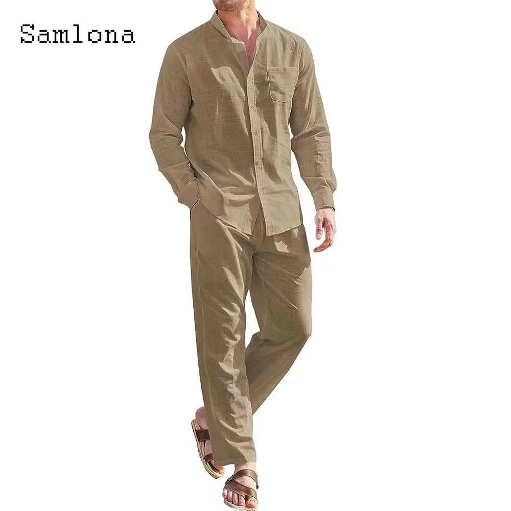 Plus Size Mens Casual Linen Two Piece Sets 2023 Europe Style Vintage Basic Tops and Solid Pants Suit Male Beach Tracksuits Set