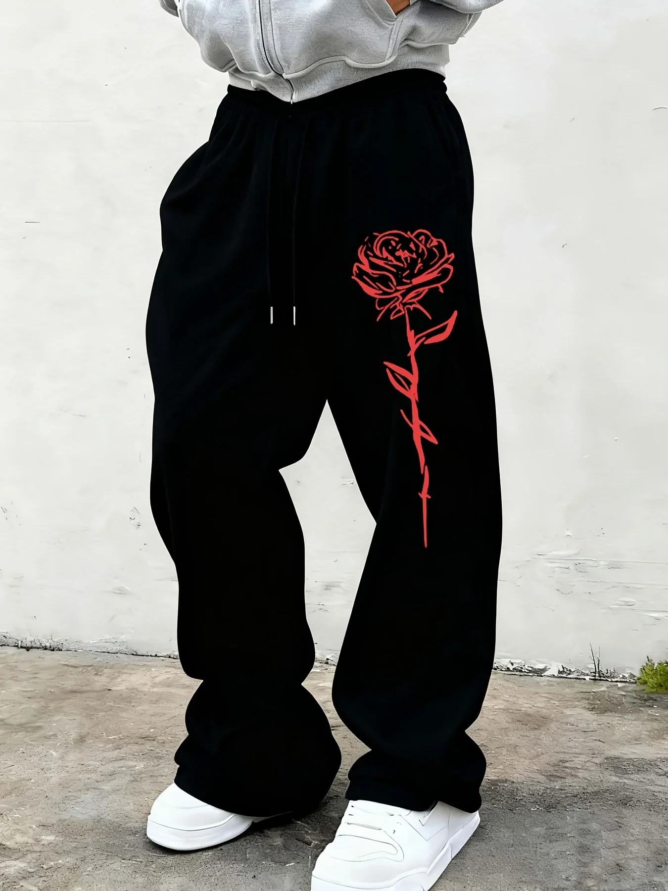 Unisex Sketch Red Rose 3D Print Quick Dry Trousers Elastic Drawstring Loose Wide Leg Pants Street Casual Sport Long Pants