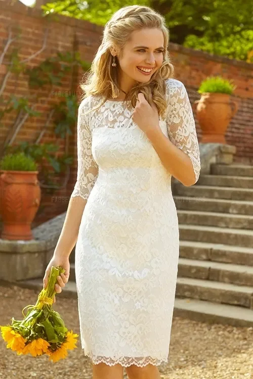 Sheath Knee-length Lace Wedding Dress With Jewel Neck 3/4 Sleeve Garden Country Vintage Sexy Short Cheap Sexy Bridal Dress