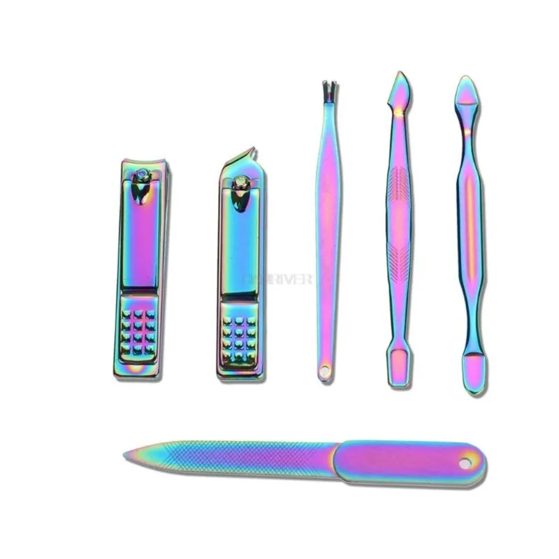 Set tagliaunghie arcobaleno Kit per manicure in acciaio inossidabile Forbici per unghie per uso domestico Pinzette Cucchiaio per orecchie Strumenti per manicure per unghie di bellezza