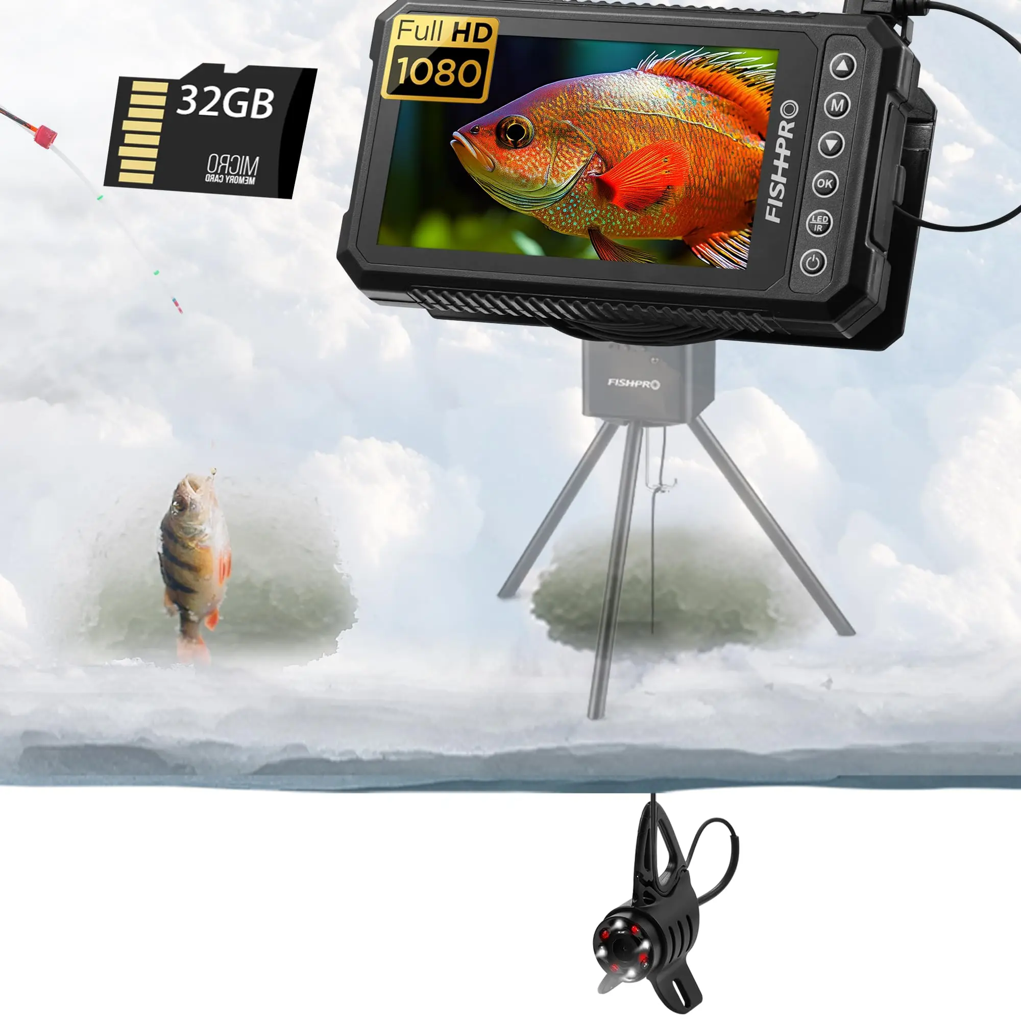 4.5'' Underwater Fishing Camera HD1080P-DVR 32GB-Ice Fishing Camera Gifts for Men,5000mAh,IR&LED for Dark,USB-C Fishing Finder