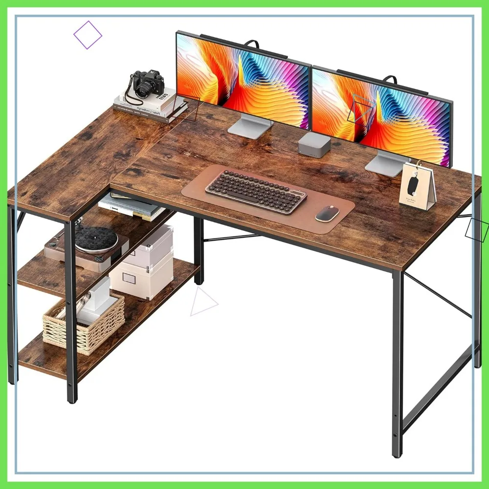 

47-Inch L-Shaped Corner Desk with Reversible Shelves, Metal Frame, Rustic Brown for Home Office Gaming Study