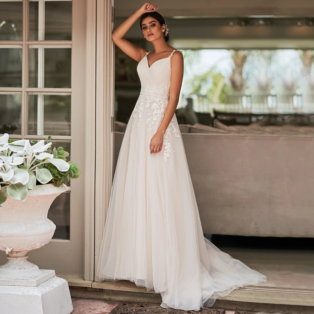 

Modern A-Line Appliques Wedding Dress for Women Elegant V-Neck Sleeveless Court Train Bridal Gown with Button Back Customized