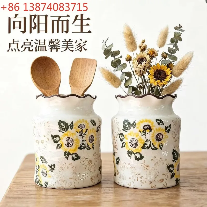 Ceramic Utensil Holder Sunflower Farmhouse Crackle Glaze Vase Dried Flower Chopstick Storage Rustic Kitchen Home Decor Gift