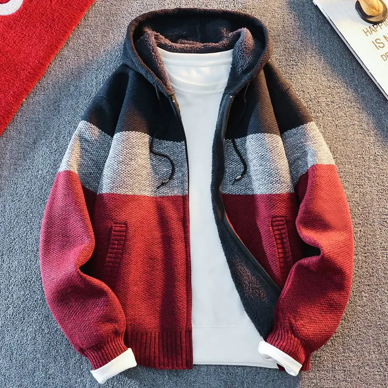 Men Winter Plus Fleece Thicken Sweater Zipper Korean Chic Knitted Cardigans Coats Thermal Cootrast Color Hoodie Casual Jackets
