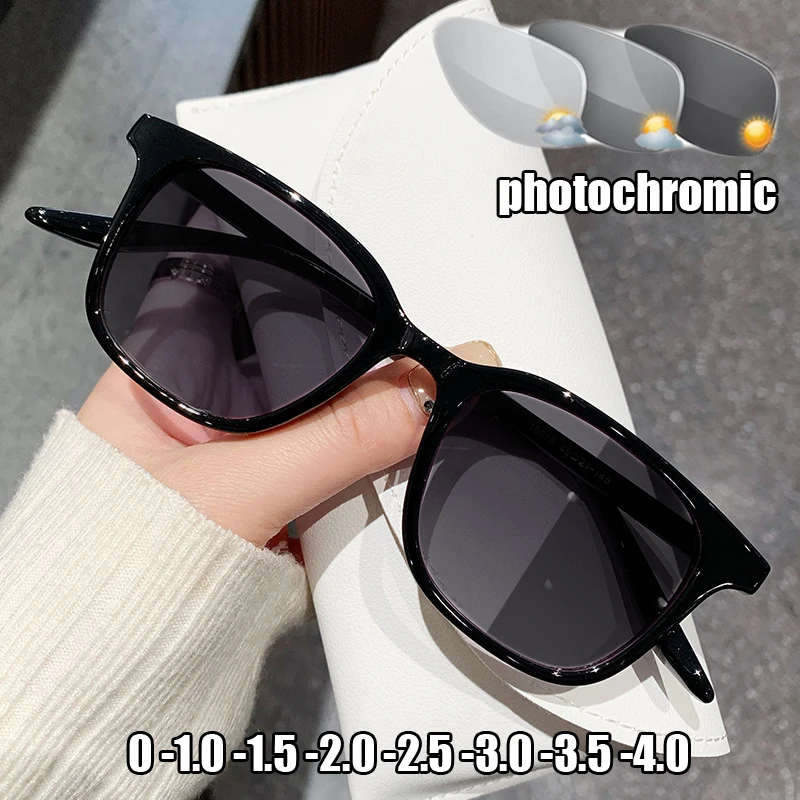 

Photochromic Myopia Sunglasses with Diopter 0 TO -4.0 Vintage Square Color Changing Short-sight Eyewear Finished Optical Glasses