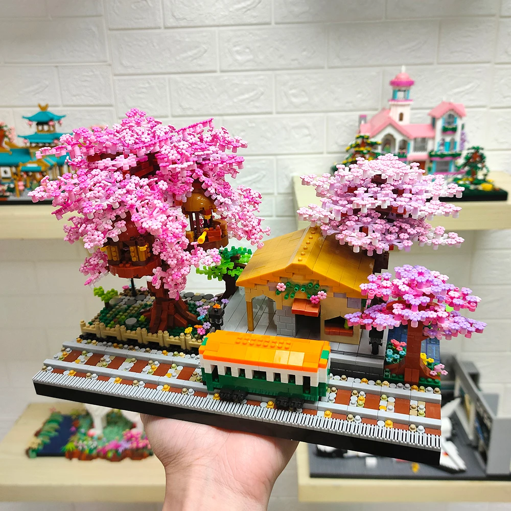 Sakura House Tree Trains With Lights Building Blocks Kids Toys City Street View Assemble Bricks Creative Gift For Girls Boys