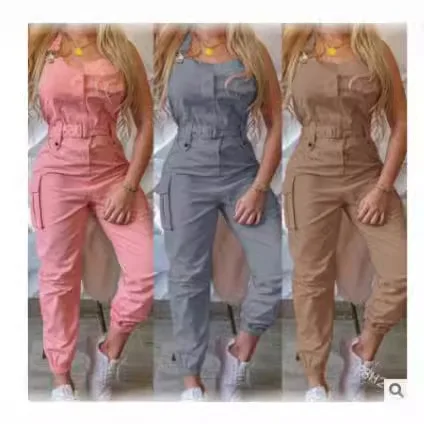 Women's Pocket Design One-Piece Pants Sleeveless Overalls Cross-Border Sweet Style Cotton Low Waist Trousers for Middle-Aged ...