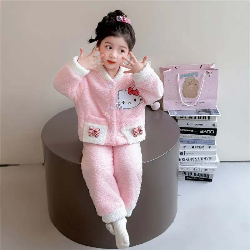 

Kawaii Hello Kitty Sanrio Children Cute Cartoon Plush Comfortable Warm Pajamas Student Hoodie Jacket Thermal Pants for Kids