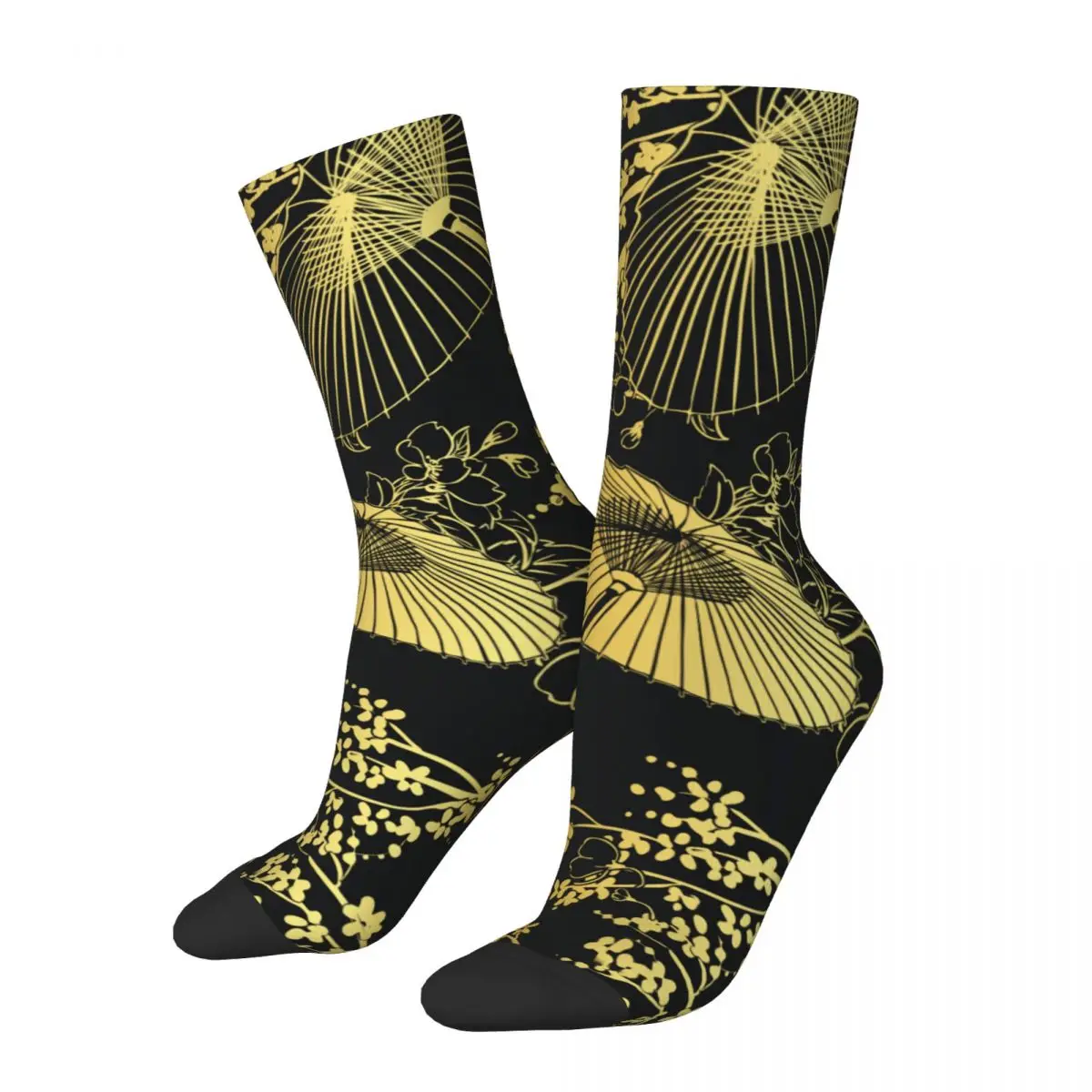 Crazy Sock for Men Gold Flower Unbrella Traditional Design Hip Hop Japanese Style Pattern Printed Crew Sock Novelty Gift