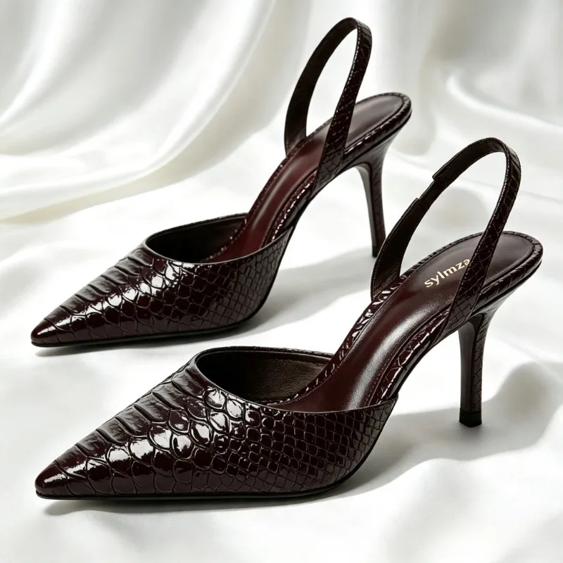 Unique Embossed Animal Print Body Slingback Heels Women Sexy Pointed-Toe Back Strap Designer Shoes Elegant Evening Dress Shoes