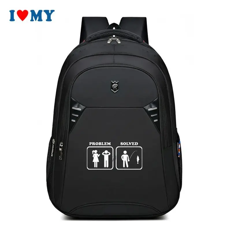 

Black Double Shoulder Sports Backpack for Men Women, Funny Fishing "Problem Solved" Print Daypack