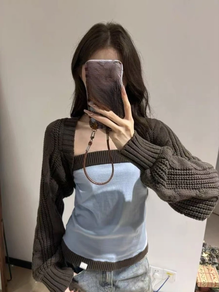 Y2k Aesthetic Two Pieces Set Knitted Women Cropped Cardigan ​+ Contrast Color Patchwork Slim Fit Vest Spring Vintage Grunge Suit