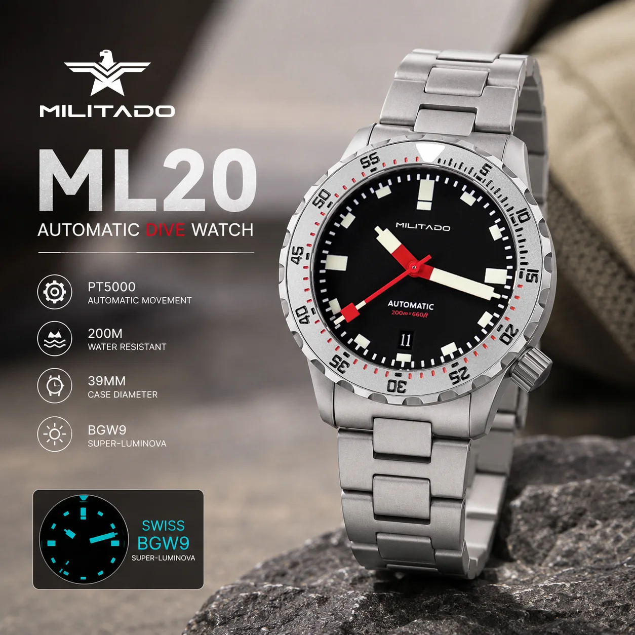 MILITADO ML20 Automatische Taucheruhr 39 mm PT5000 Mechanisch Saphir 200 m wasserdicht PVD BGW9 Lume Stahlarmband Herrenuhren
