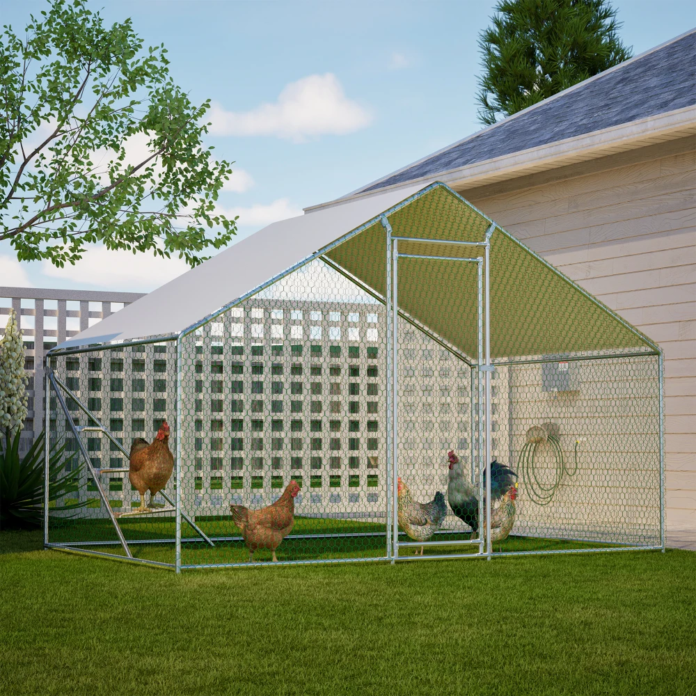 Hühnerstall mit Metallklettergerüst, wetterfeste Voliere 3x2m mit Dach und großer Lauffläche – Sicherer Ausgang für Hühner