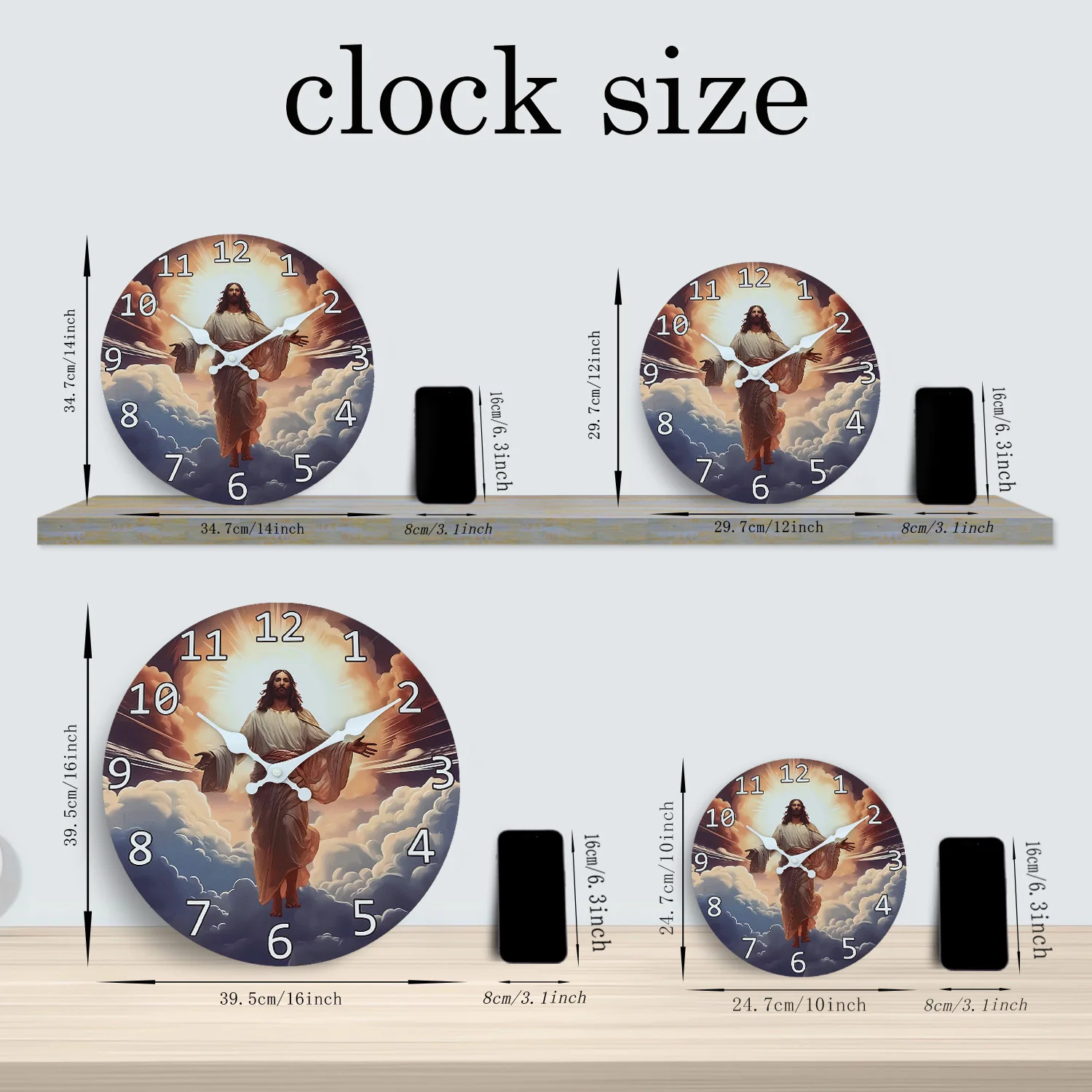 Art Ring Luminous Jesus up Pattern Wooden Wall Clock Living Room Bedroom Kitchen Home Decoration Wall Clock Silent Quartz Clock Holiday Gift